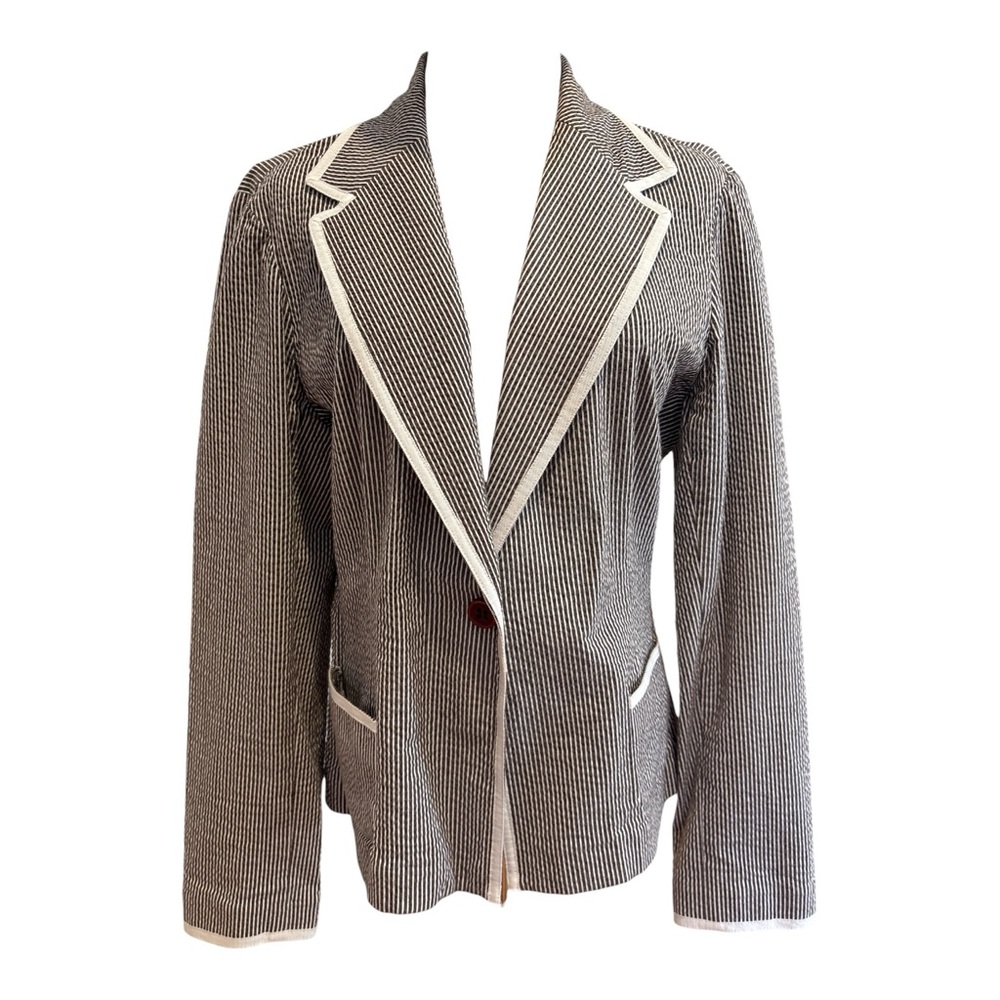VTG LIZ CLAIBORNE SEERSUCKER PINSTRIPED BROWN & WHITE BLAZER W WHITE RIBBON TRIM - Picture 3 of 9